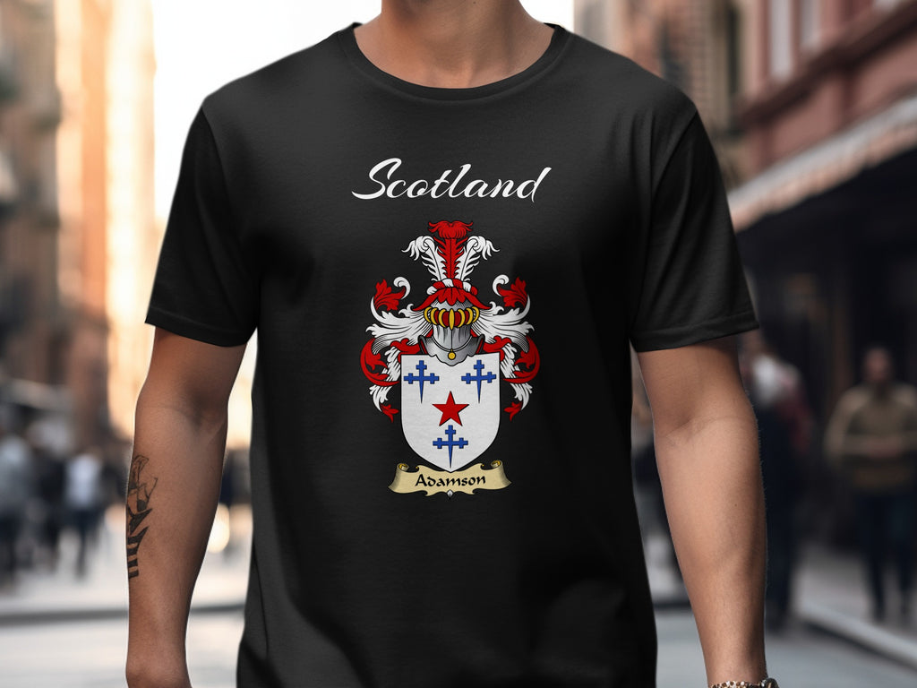 Adamson Scottish family shield design on Black T-shirt