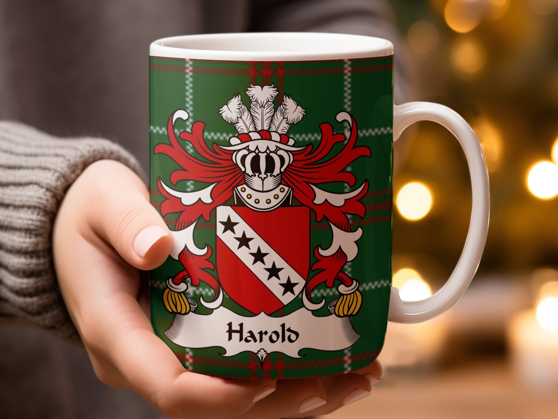 Harold Welsh Surname Coat of Arms on Tartan Background Mug - Living Stone Gifts