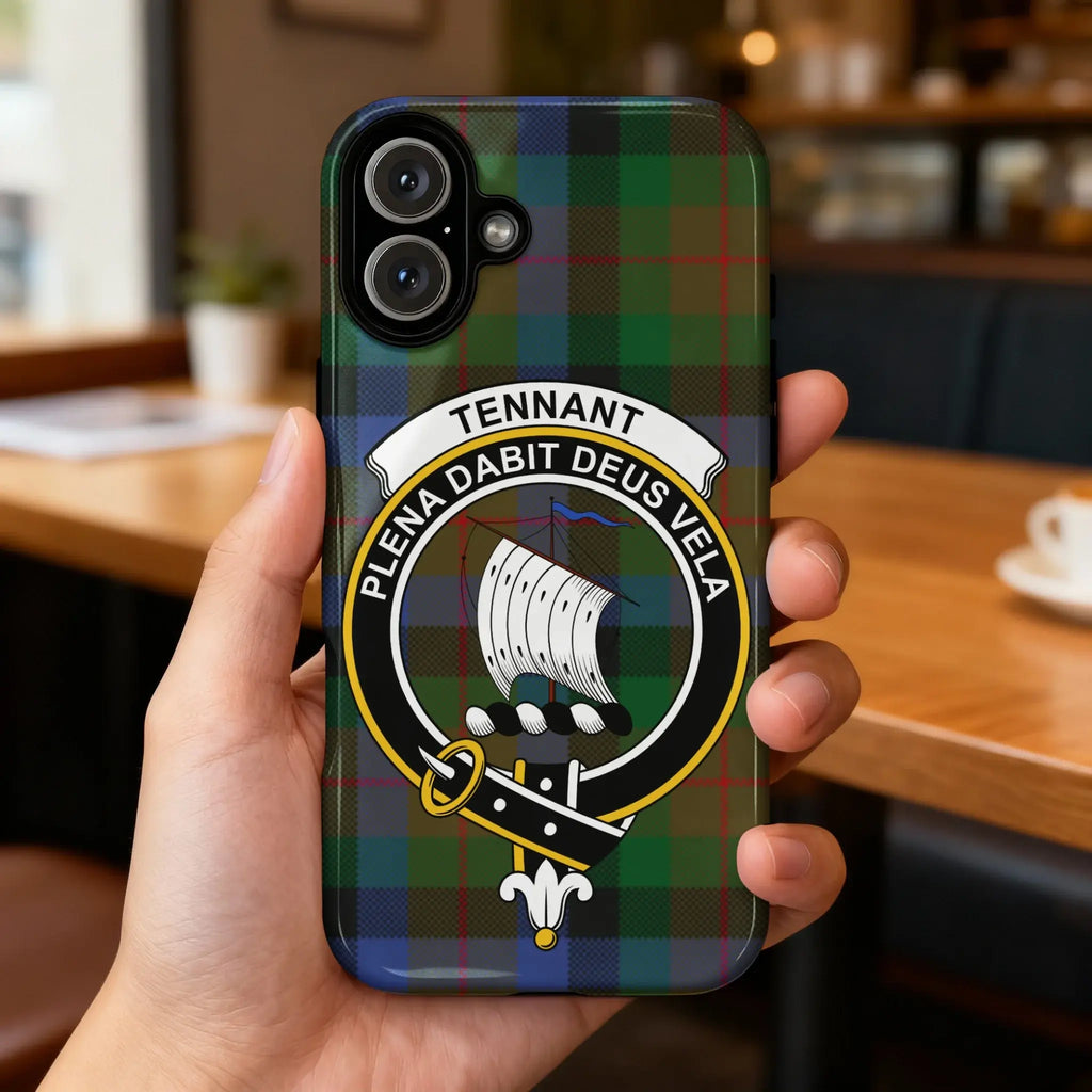 Clan Tennant plena dabit deus vela tartan phone case — glossy edge-to-edge crest print, iPhone shown