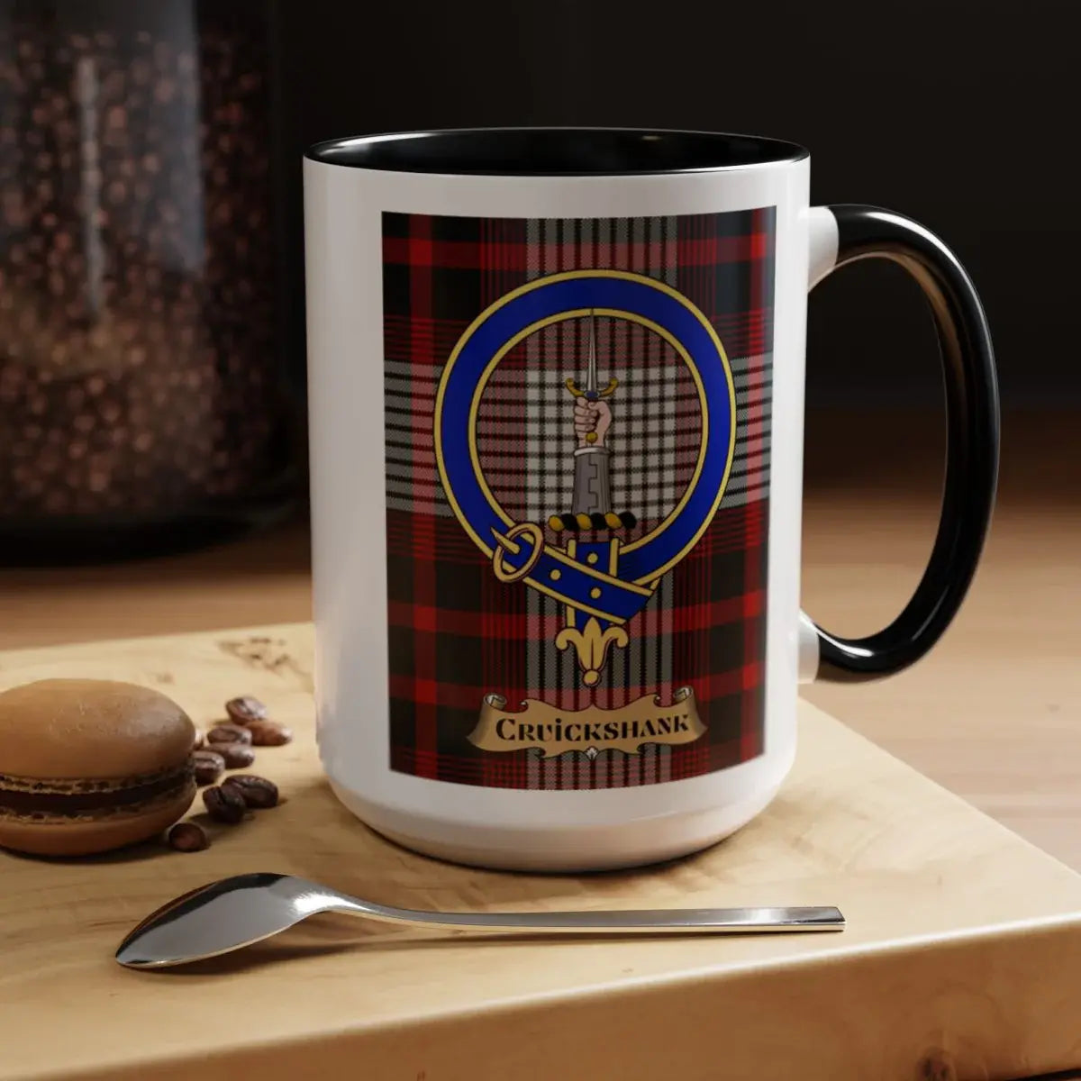 Close-up of the Cruickshank clan crest printed on a ceramic mug
