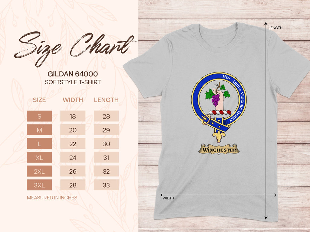 Gildan 64000 size chart for Winchester Scottish clan crest T-shirt