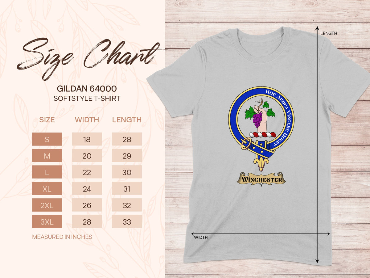 Gildan 64000 size chart for Winchester Scottish clan crest T-shirt