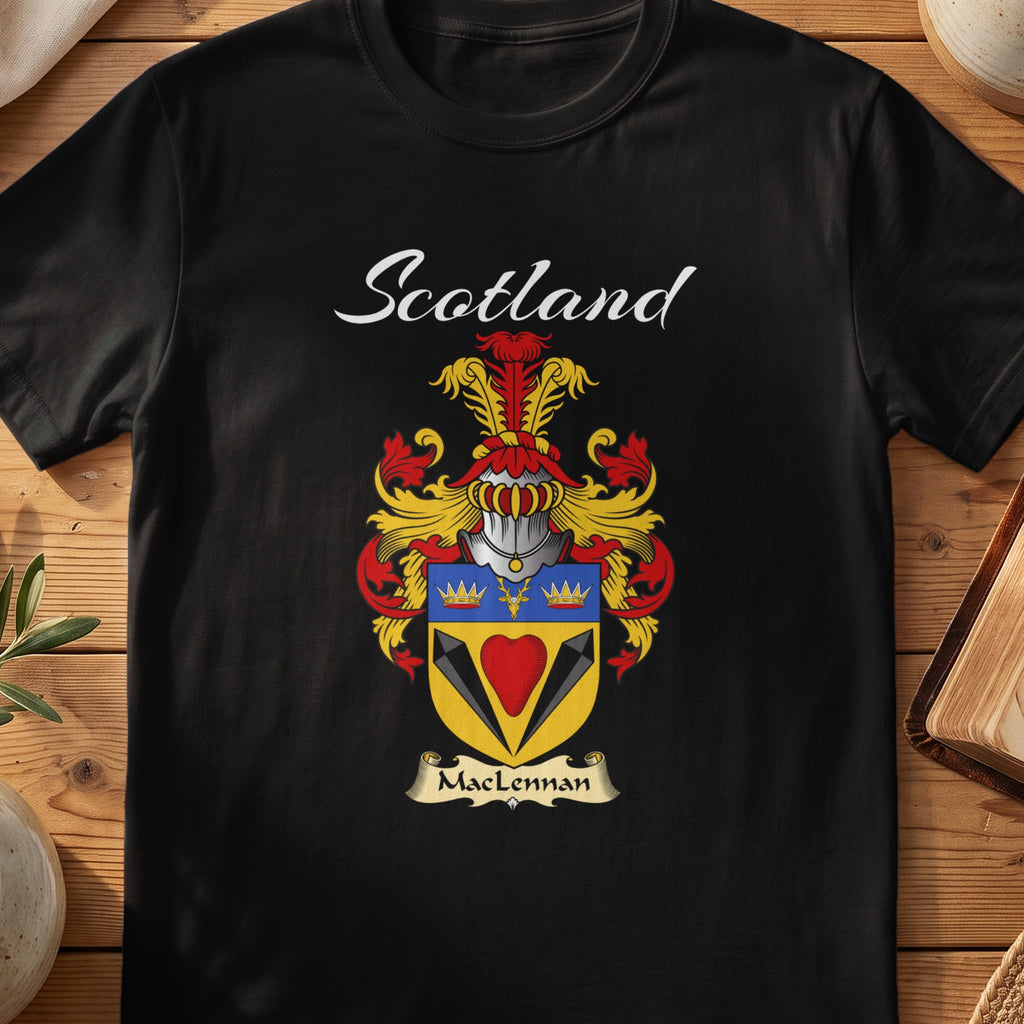 Black MacLennan Scottish T-shirt featuring a red heart beneath a blue band with gold crowns