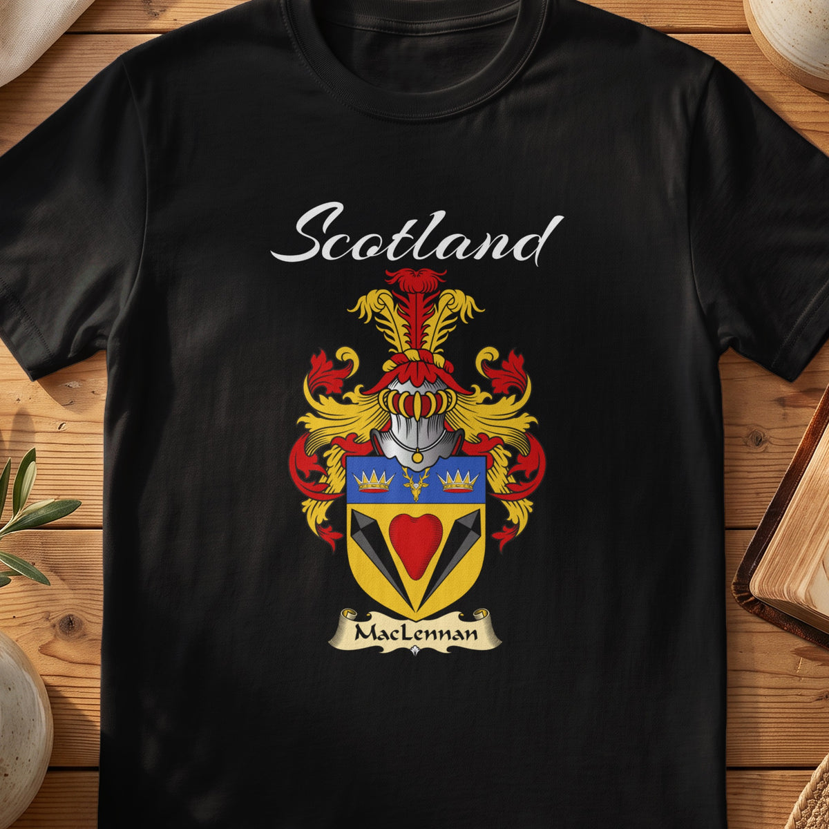 Black MacLennan Scottish T-shirt featuring a red heart beneath a blue band with gold crowns