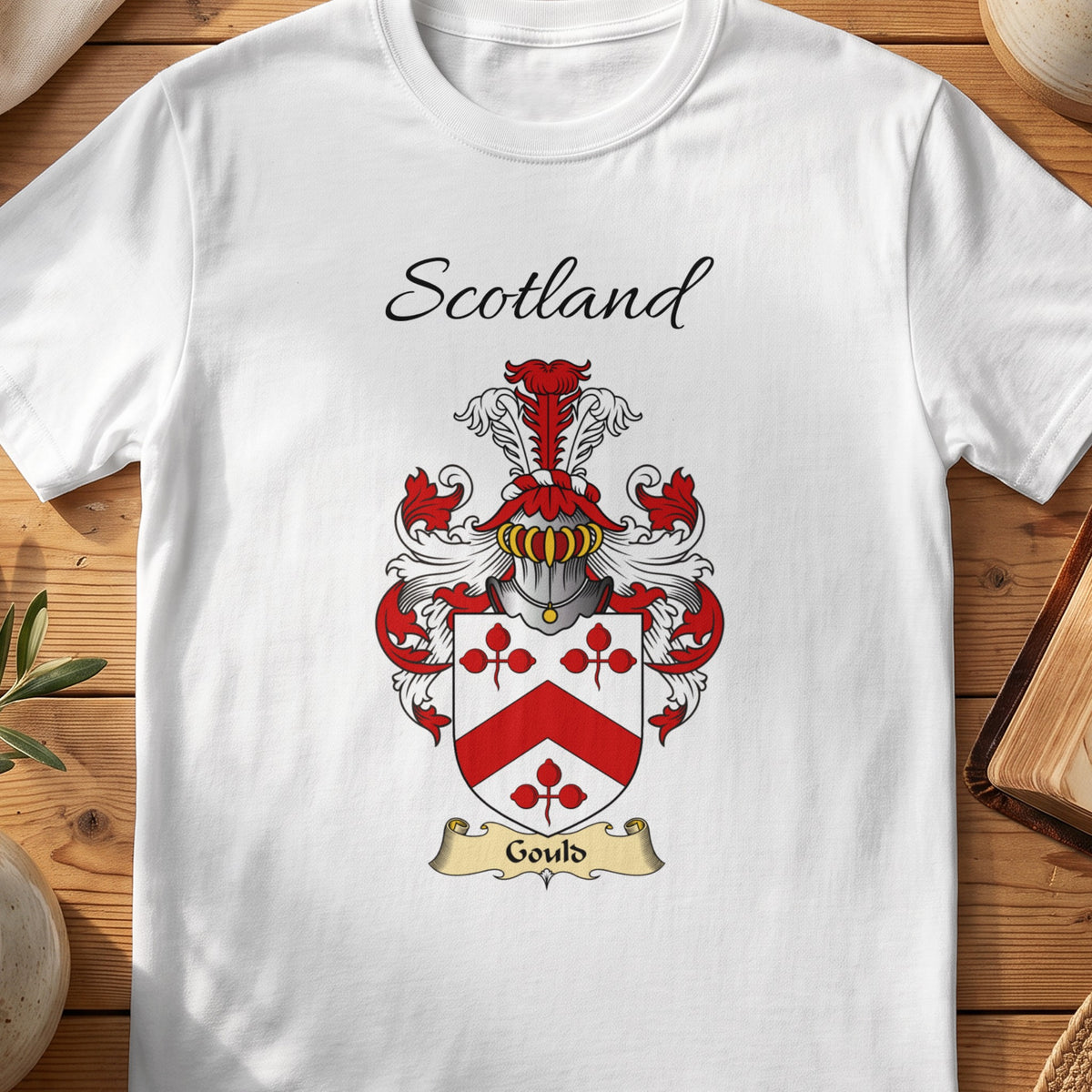 White Gould Scottish family shield T-shirt featuring a red chevron between red floral motifs