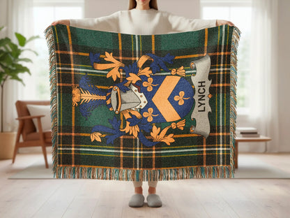 Tartan blanket with Lynch family crest and fringe.