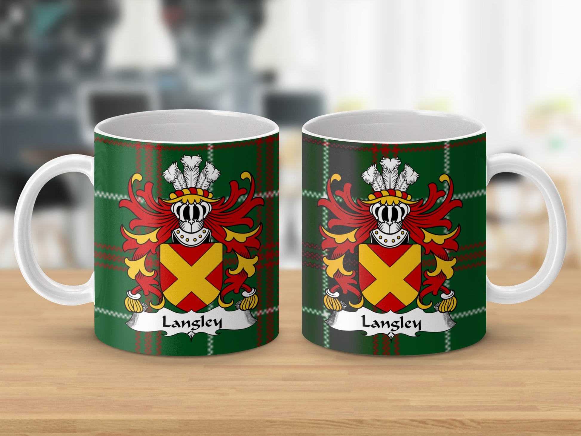 Langley Family Crest on Welsh Tartan Background Mug - Living Stone Gifts