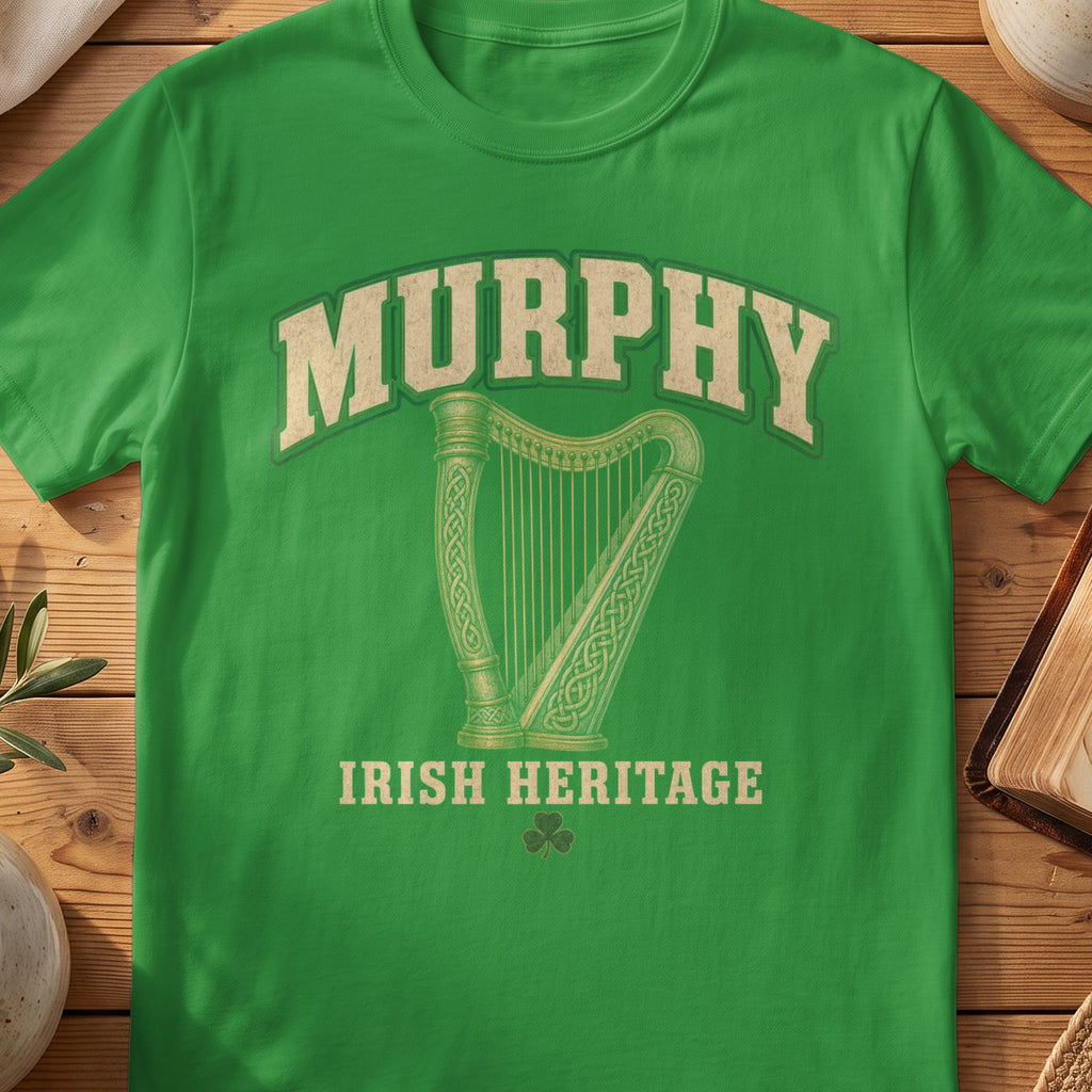 Murphy Irish harp T-shirt in Irish Green, with cream surname lettering, a gold-toned harp, green shamrock and “Irish Heritage” text.
