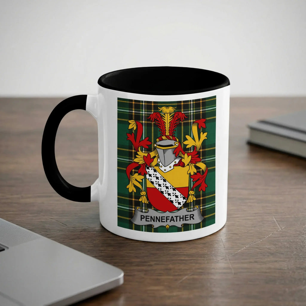 Pennefather Irish heritage mug with black interior and surname crest