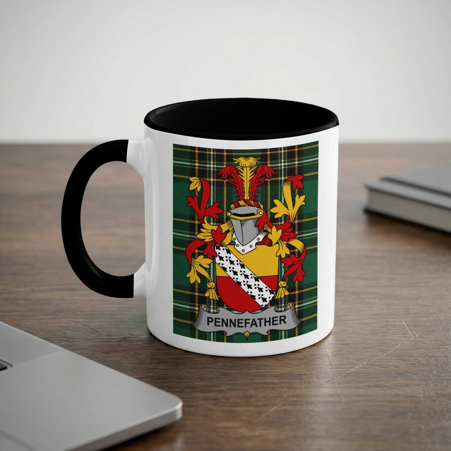 White mug with black handle featuring the Pennefather family crest on a plaid background.