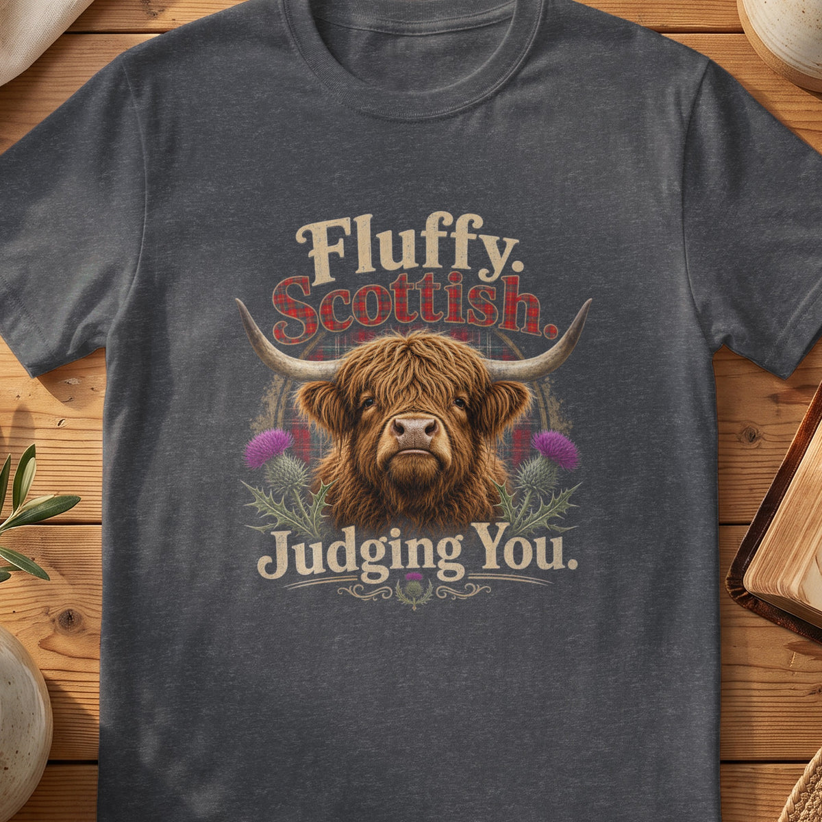 Dark grey Gildan 64000 unisex T-shirt flatlay with Fluffy Scottish Judging You Scottish graphic design