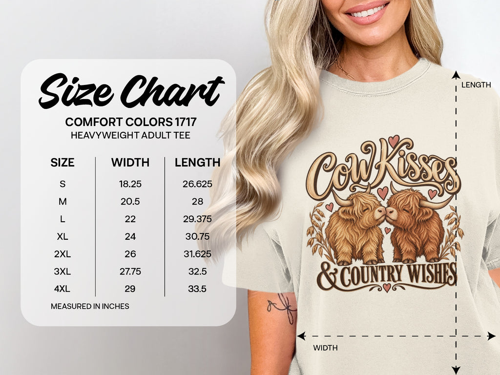 Comfort Colors 1717 size chart, S–4XL, for the Cow Kisses & Country Wishes Highland cow T-shirt