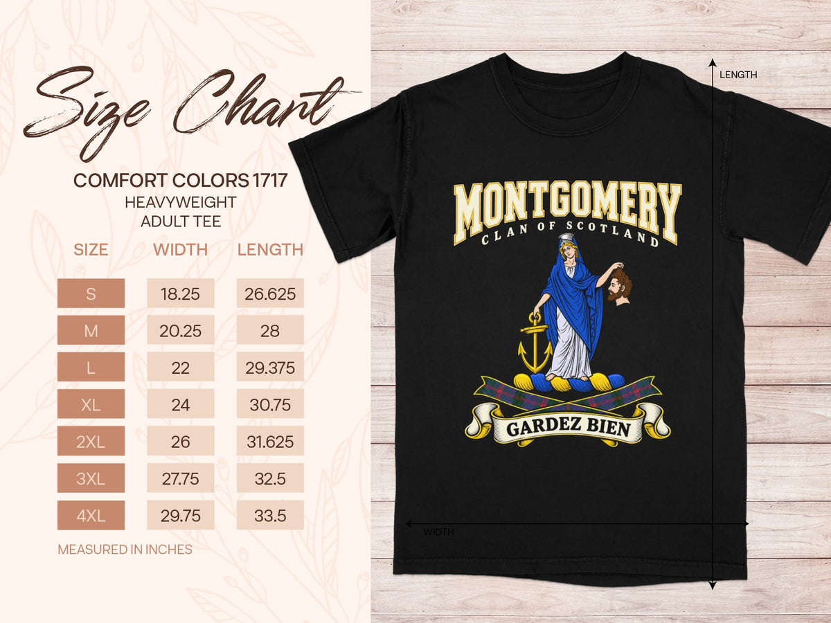 Montgomery Comfort Colors 1717 T-shirt size chart with black shirt illustration