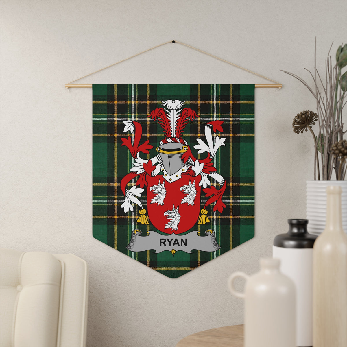 Ryan Irish Family Crest wall pennant above a console