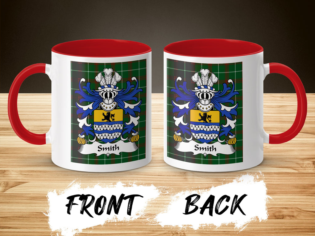 Two white mugs with red handles, featuring the Smith coat of arms on a plaid background.