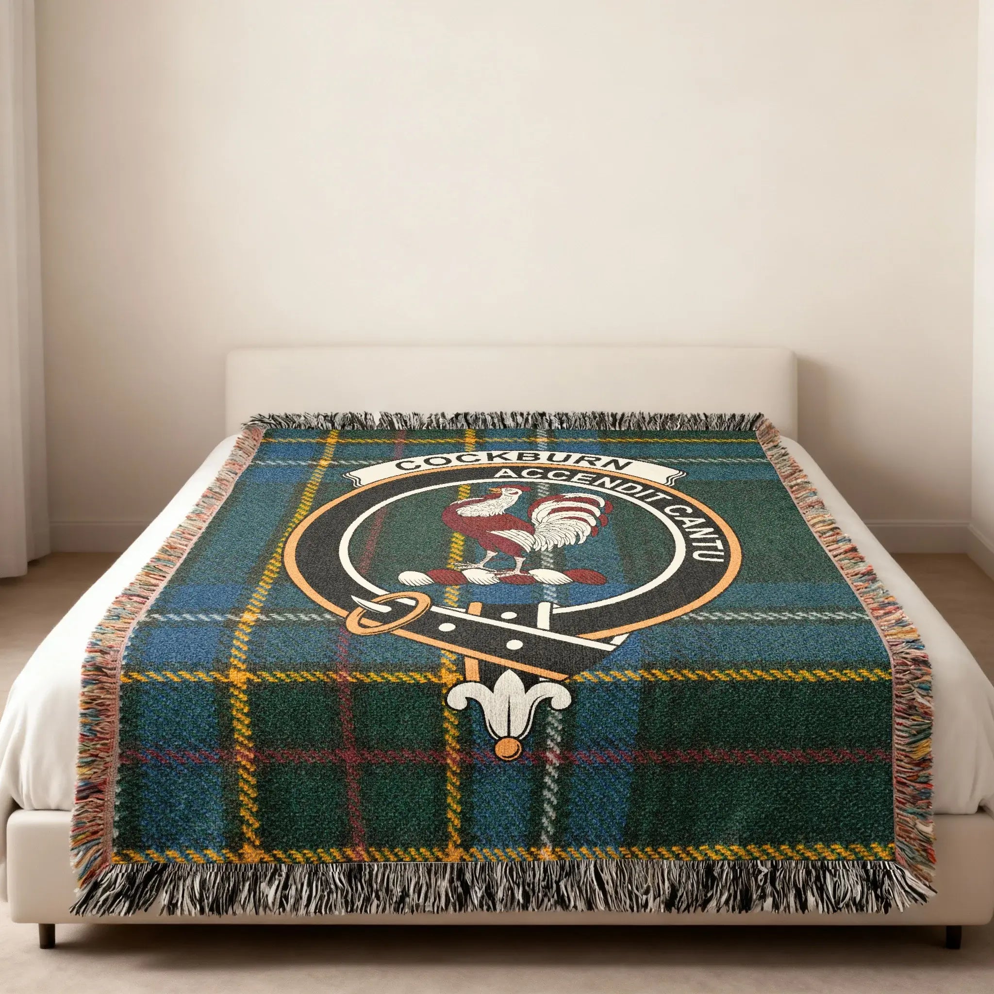 Cockburn clan accendit cantu tartan woven fringe blanket — heirloom quality cotton
