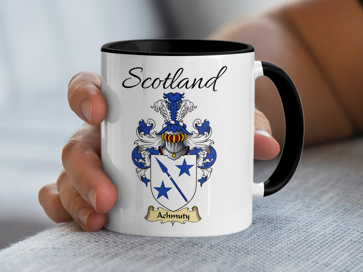 Achmuty Scottish family crest accent mug with Scotland above the coat of arms design