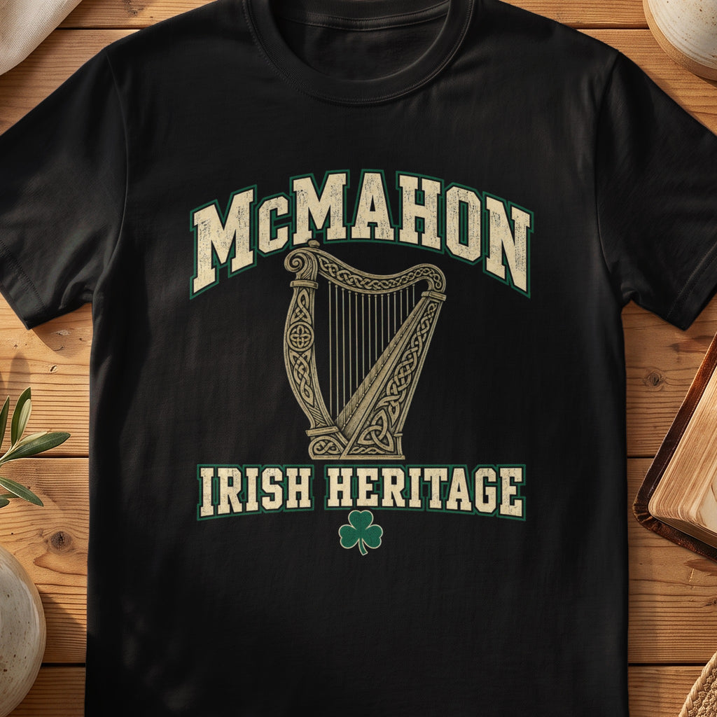 McMahon Irish Heritage black Gildan 64000 T-shirt with Celtic harp design