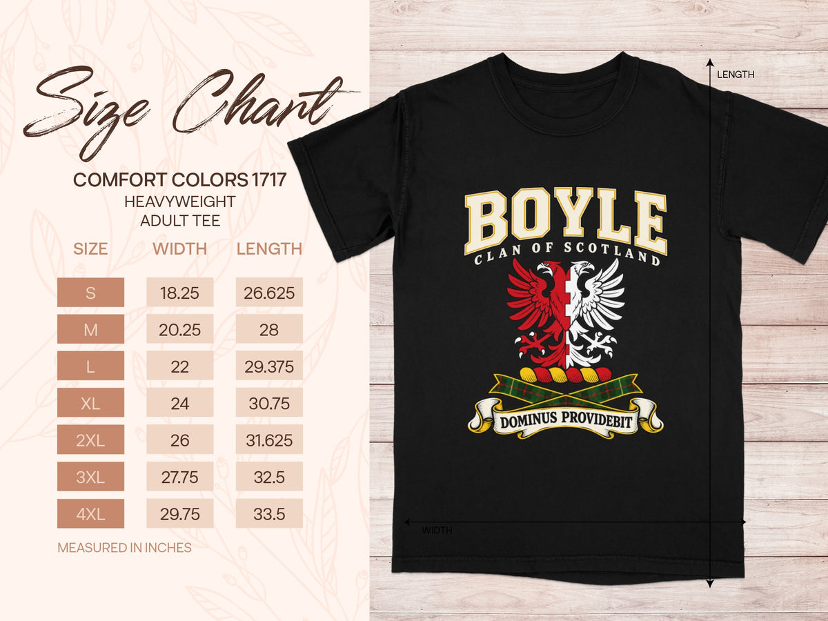 Boyle Comfort Colors 1717 T-shirt size chart with black shirt illustration