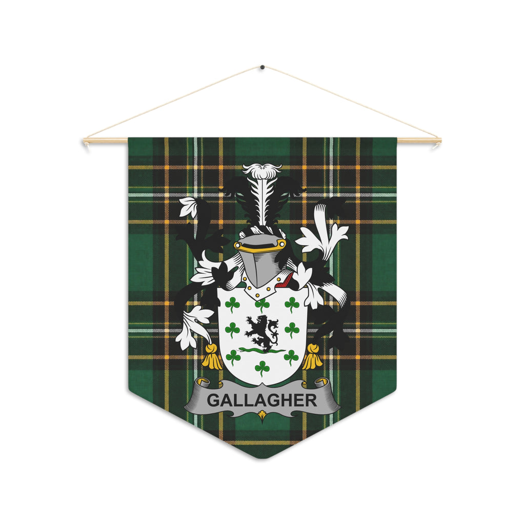 Gallagher family crest pennant with green tartan background.