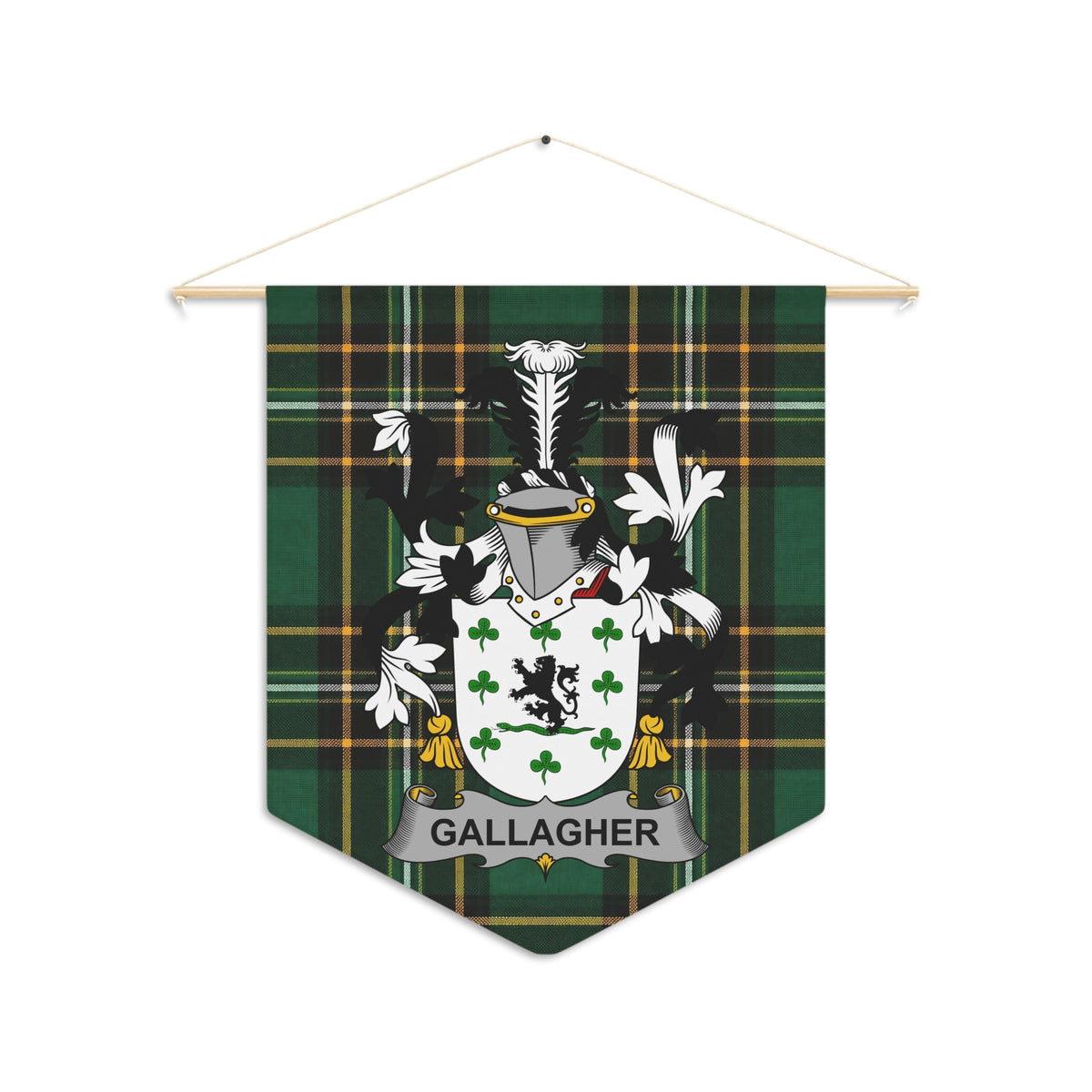 Gallagher family crest pennant with green tartan background.