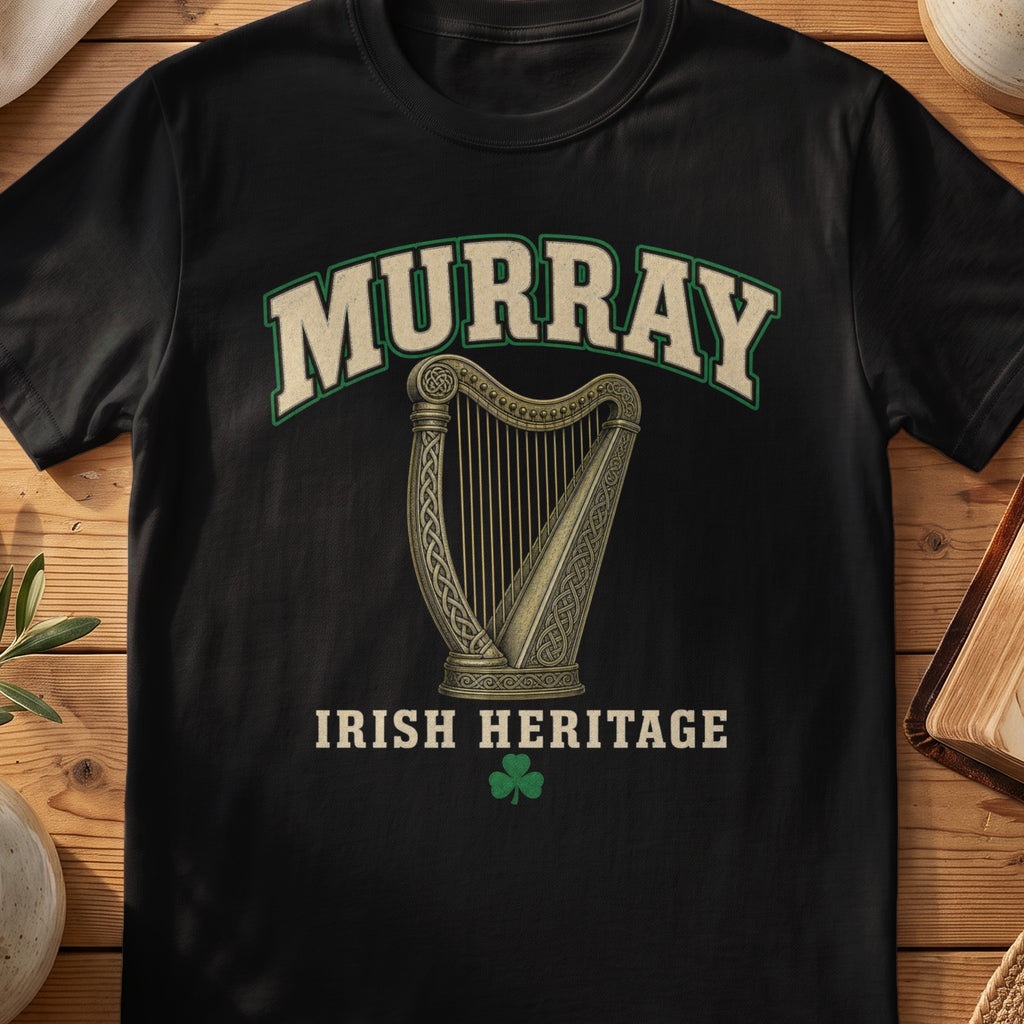 Murray Irish harp T-shirt in Black, with cream surname lettering, a gold-toned harp, green shamrock and “Irish Heritage” text.