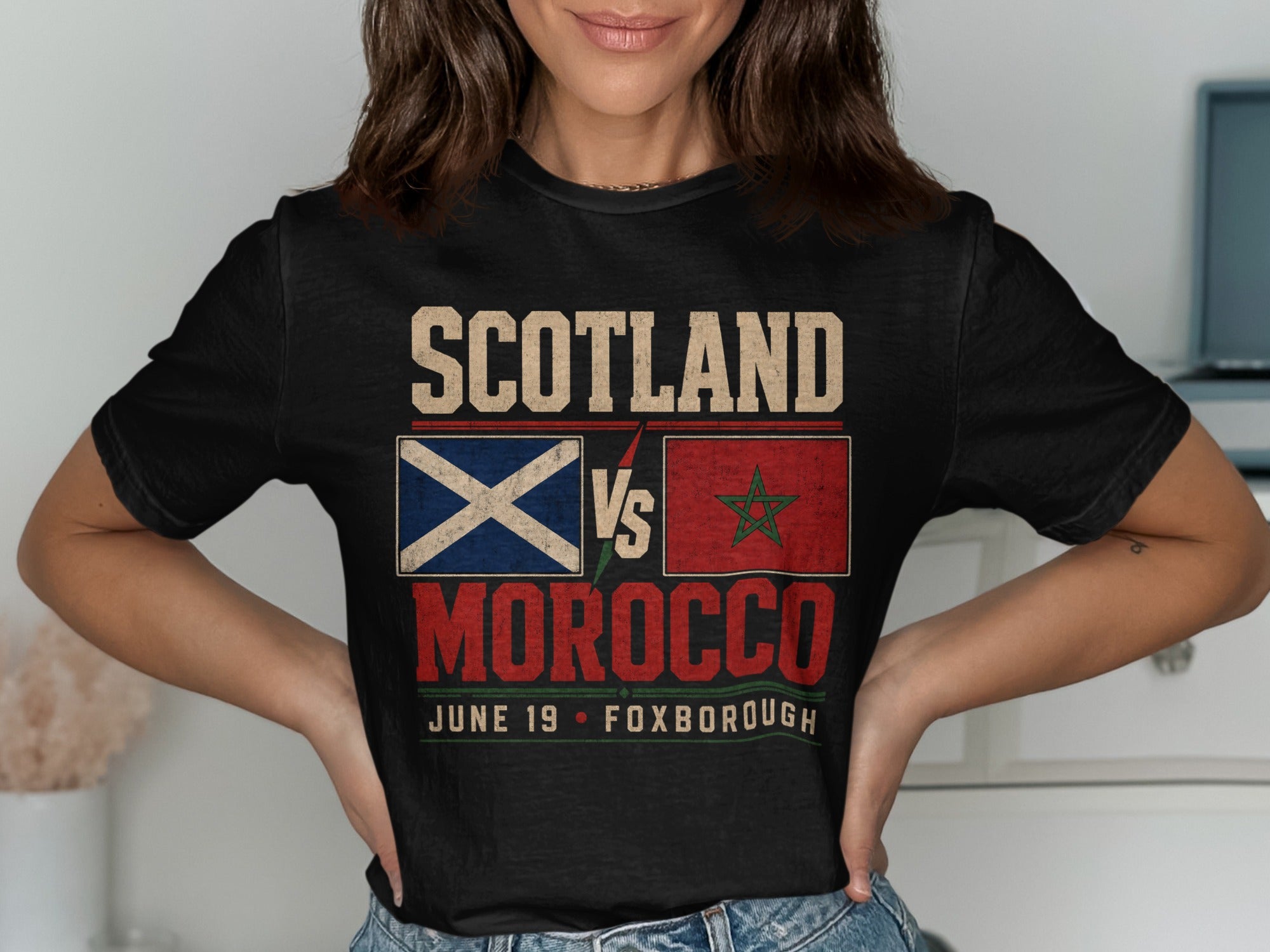 Black t-shirt with Scotland vs Morocco flags and text.