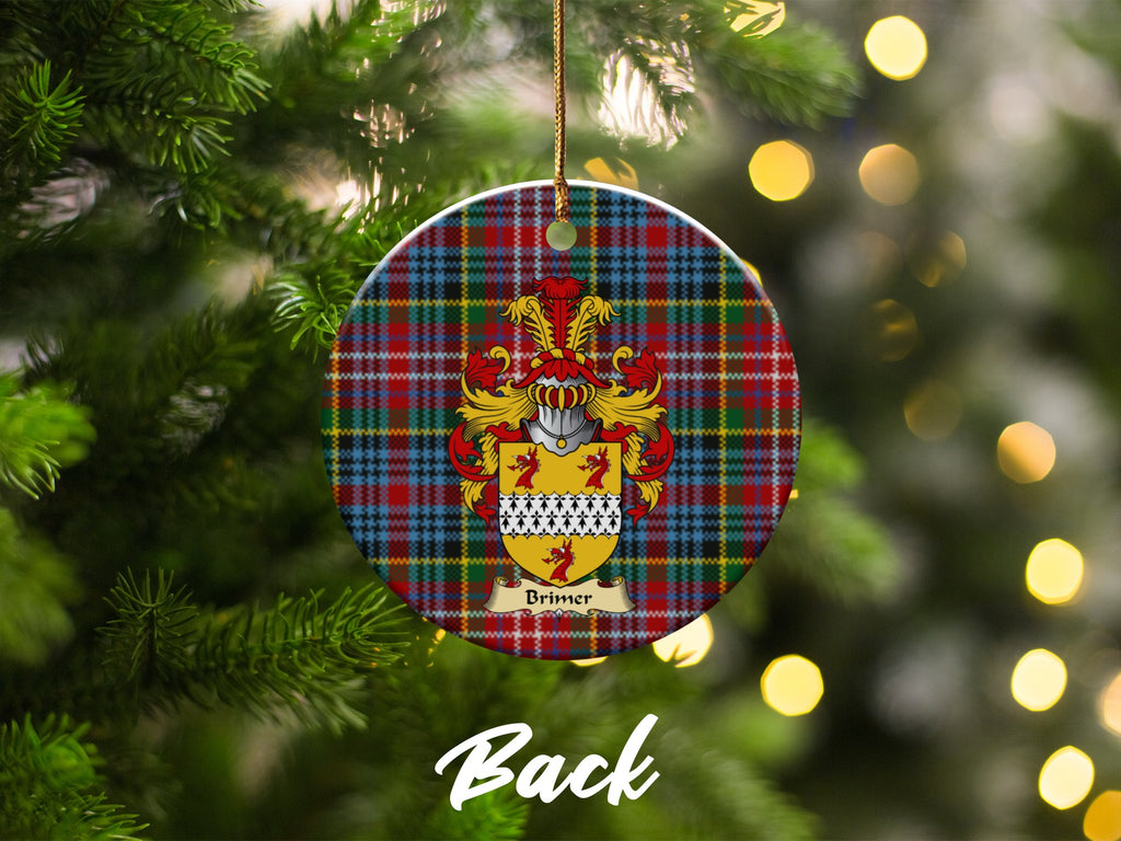 Double-sided Brimer ceramic ornament with family shield and Caledonia tartan background