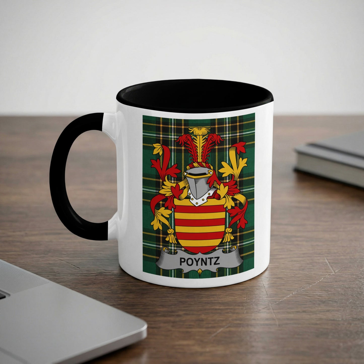 White mug with black rim displaying a coat of arms with "POYNTZ" banner.