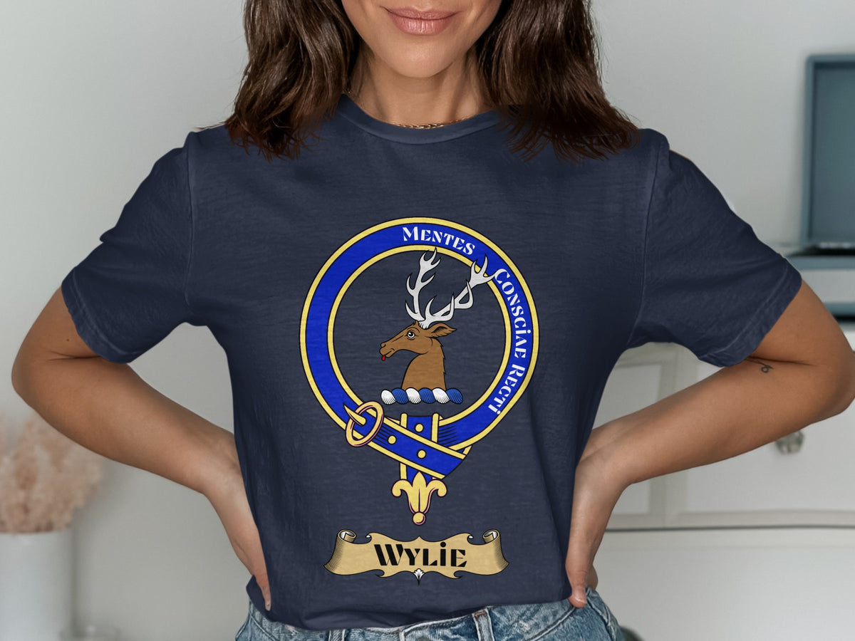 Wylie Scottish clan crest design on Navy T-shirt