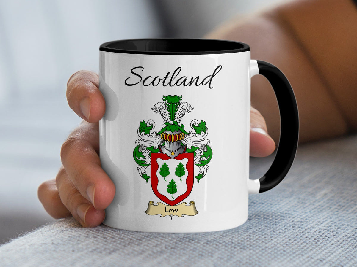 Low Scottish family crest accent mug with Scotland above the coat of arms design