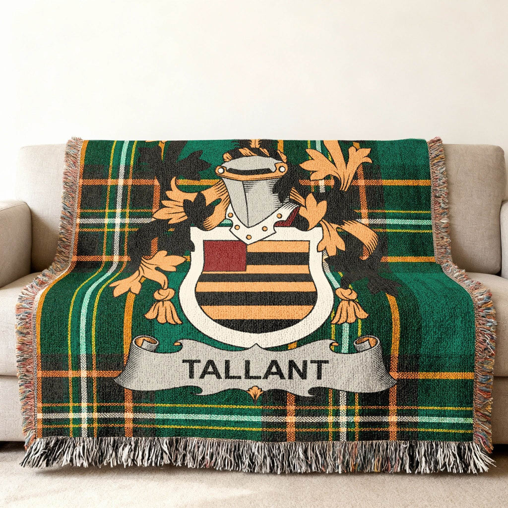 Green tartan blanket with the "TALLANT" family crest centered.