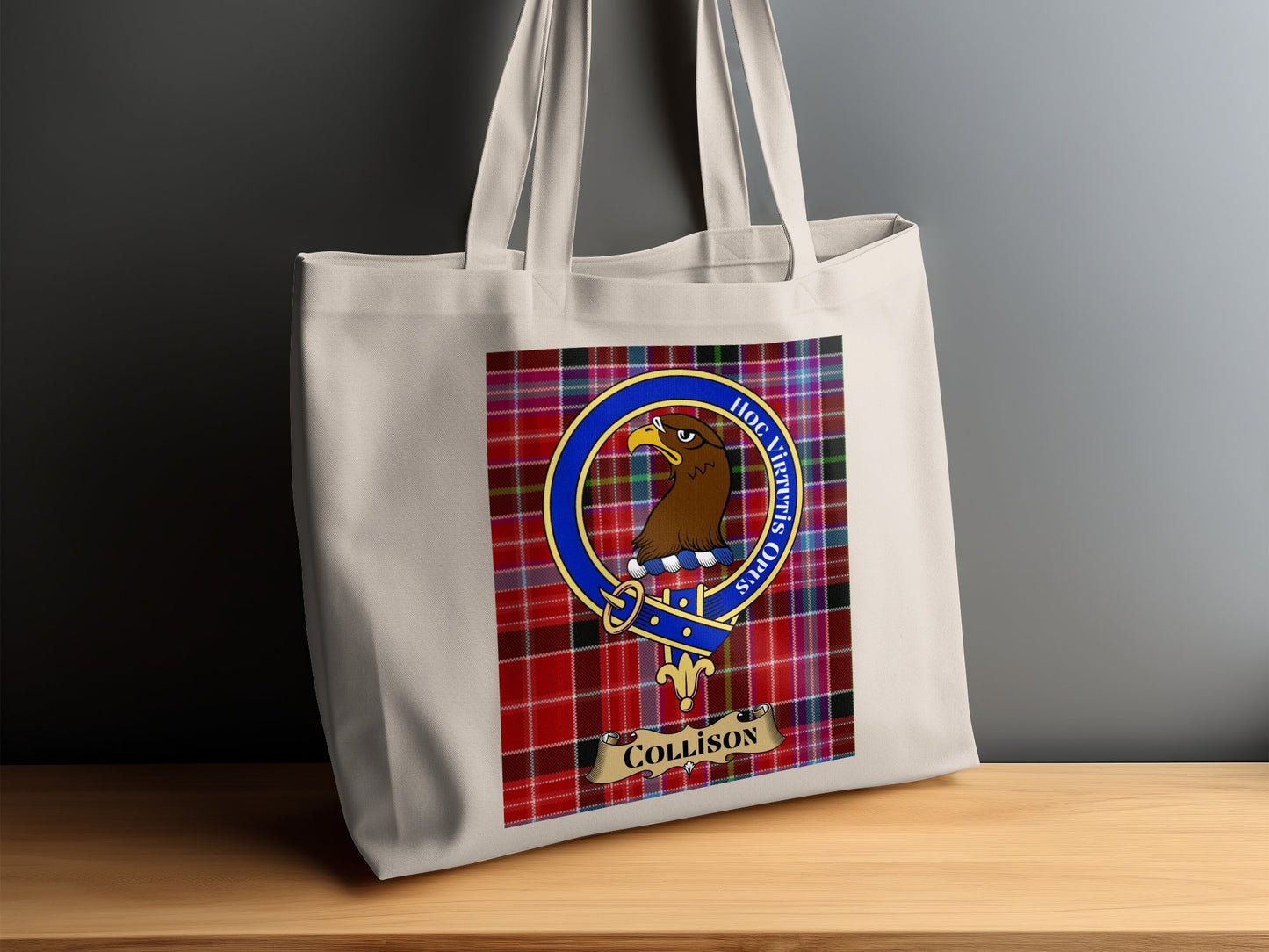 Collison Clan Crest Scottish Tartan Background Tote Bag - Living Stone Gifts