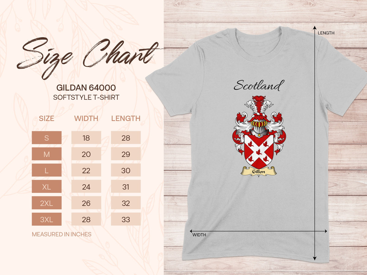 Gildan 64000 size chart for the Gillon unisex T-shirt, sizes S to 3XL