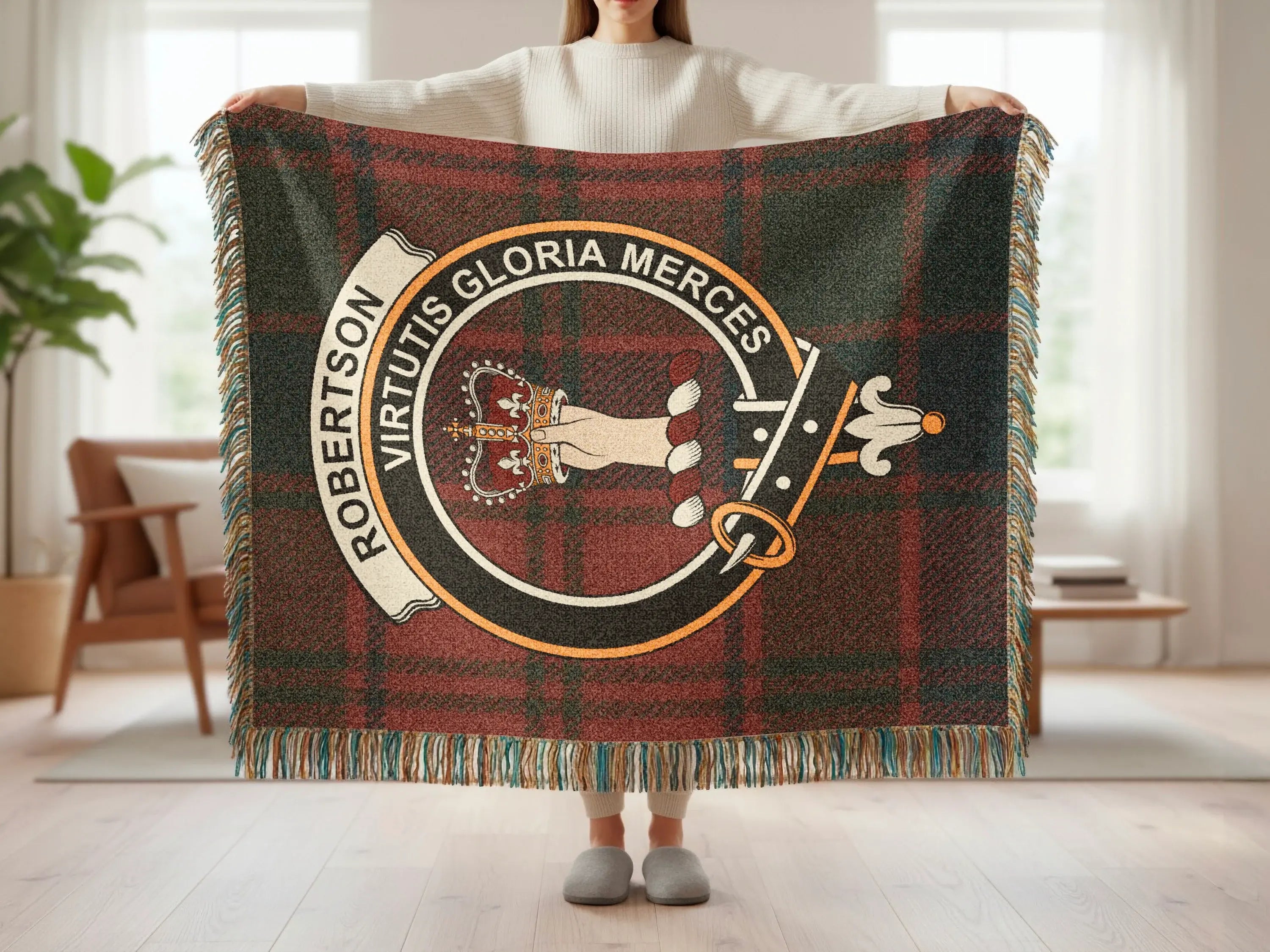 Robertson virtutis gloria merces woven blanket — fringe edge and tartan pattern