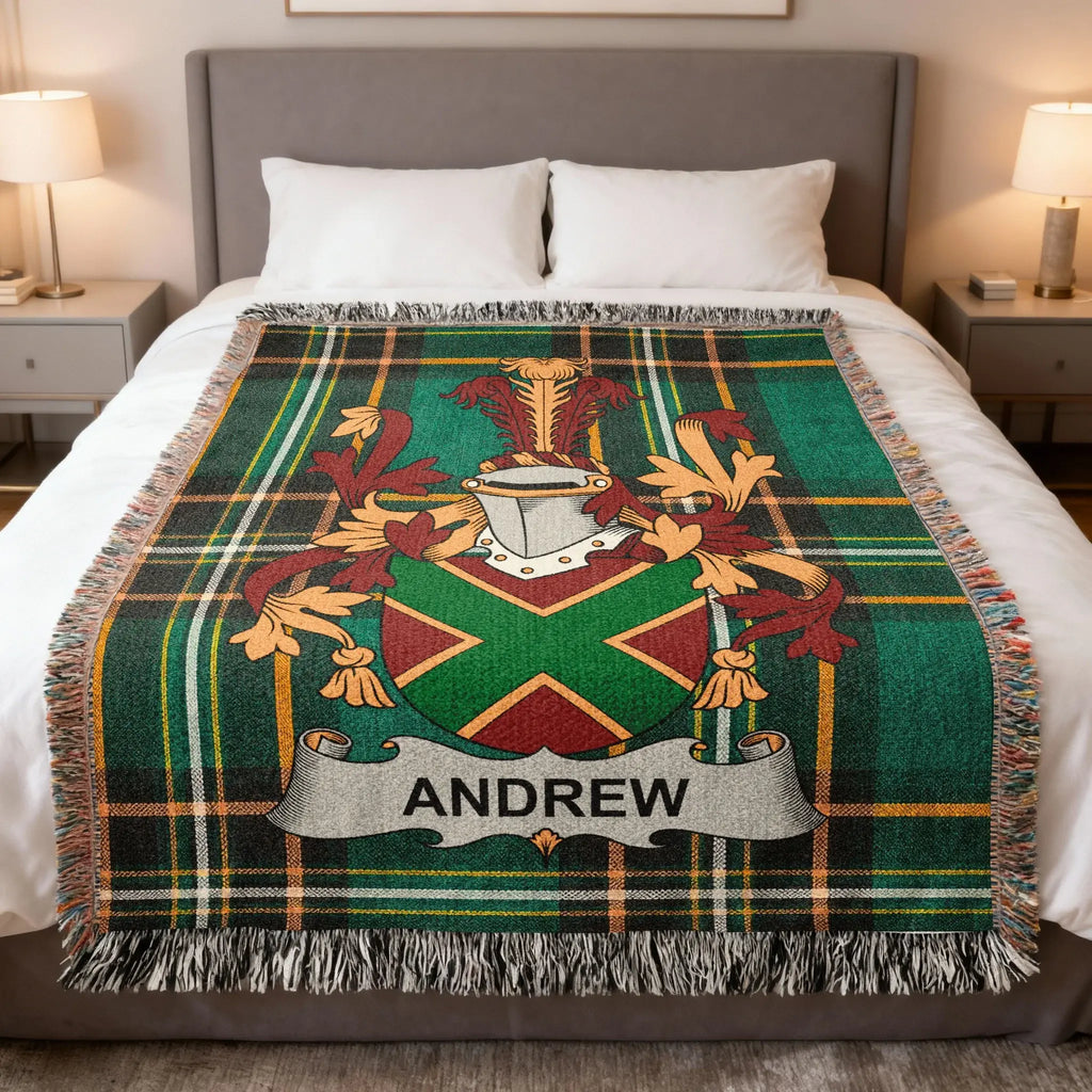 Andrew Irish heritage woven blanket with family crest and Irish tartan design