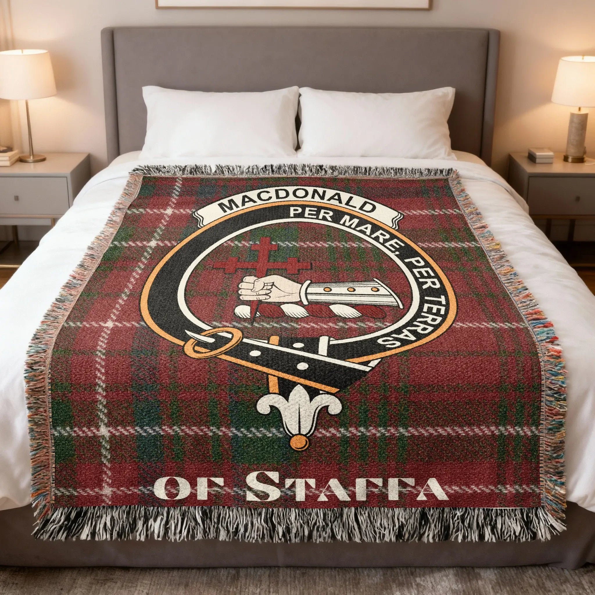 MacDonald of Staffa clan tartan woven blanket throw — 100% cotton with Per Mare Per Terras crest
