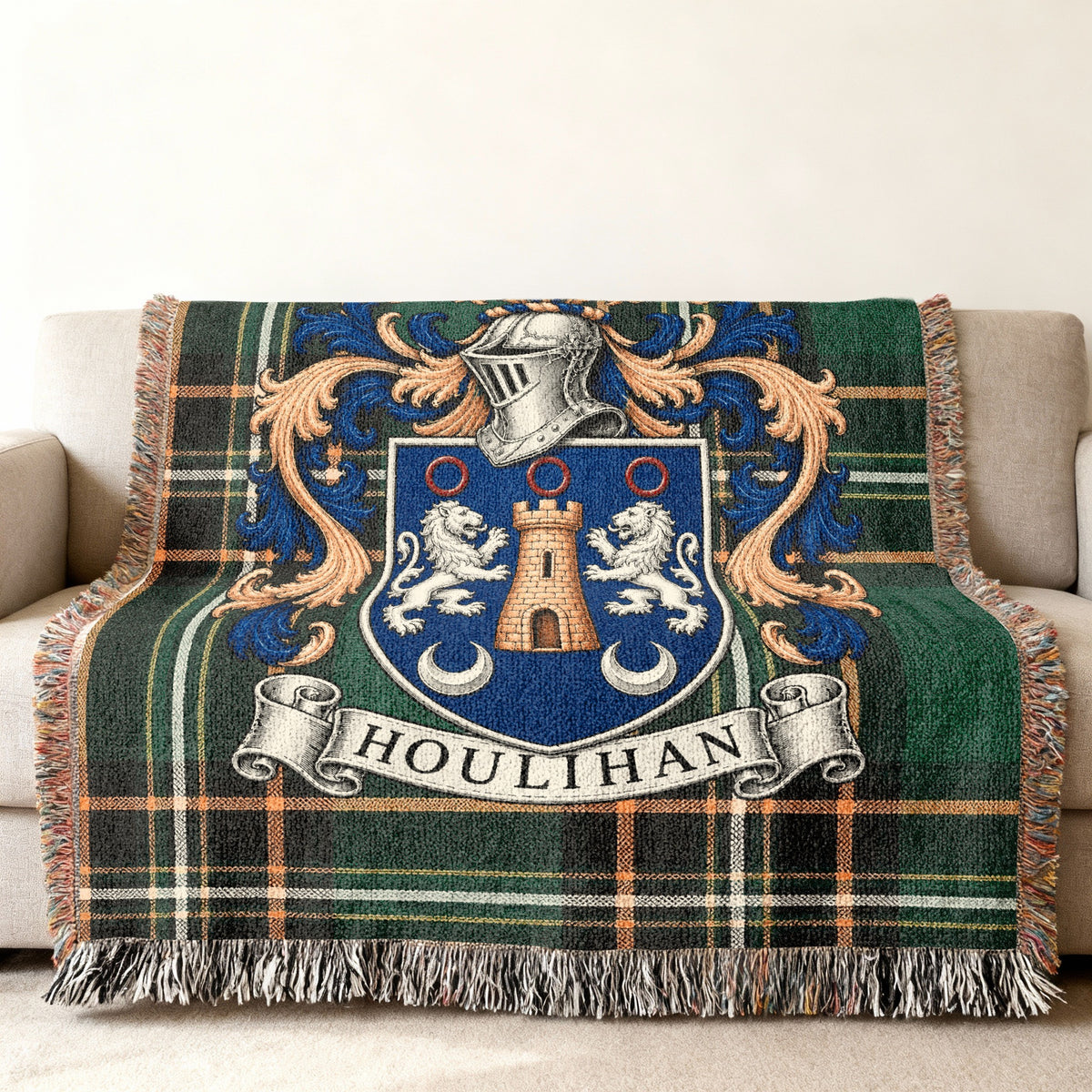 Houlihan family crest on Irish National Tartan woven blanket, detailed heritage design