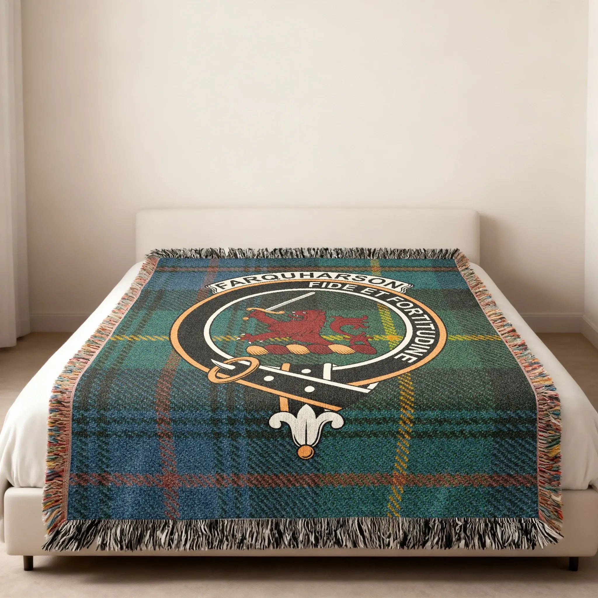 Farquharson tartan woven blanket — 80x60 size, heirloom cotton construction with fringe edges