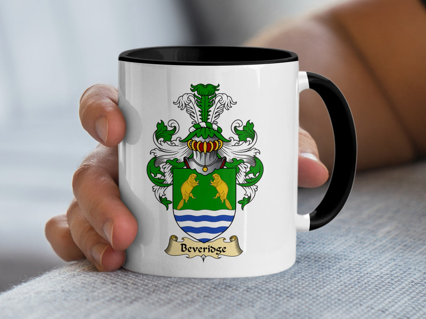 White mug with black handle featuring the Beveridge family crest.