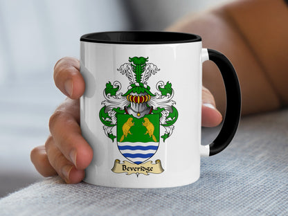 White mug with black handle featuring the Beveridge family crest.