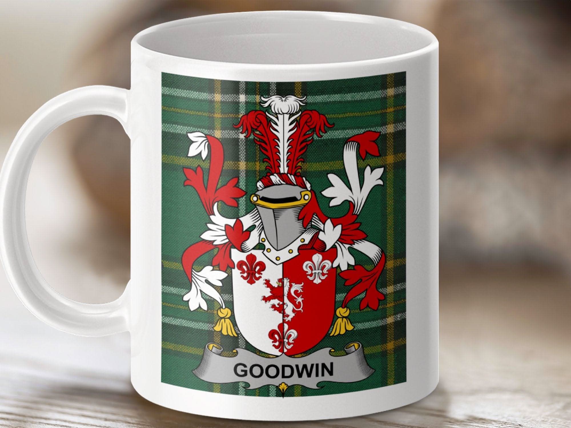 Goodwin Surname Coat of Arms on Irish National Tartan Mug - Celtic Ancestry Gifts