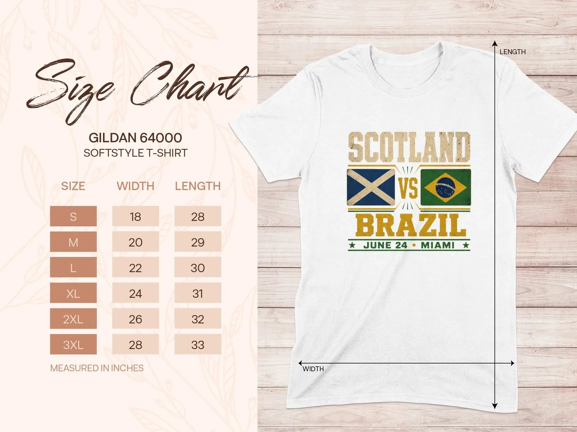 Gildan 64000 t-shirt size chart and Scotland vs Brazil graphic.