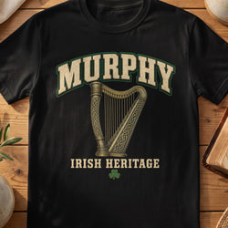 Murphy Irish harp T-shirt in Black, with cream surname lettering, a gold-toned harp, green shamrock and “Irish Heritage” text.