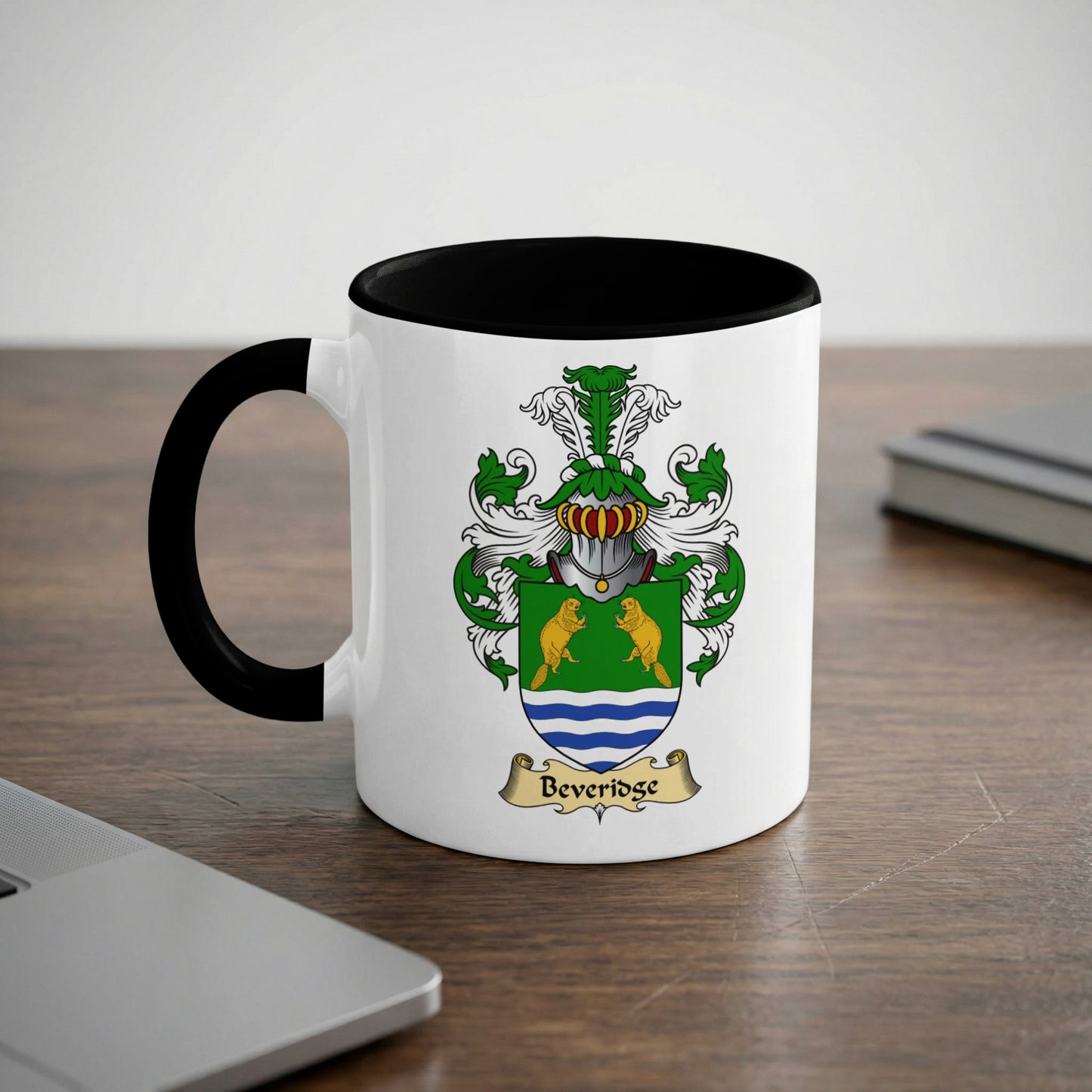 Mug with a black rim and handle, featuring the Beveridge family crest.