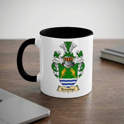 Mug with a black rim and handle, featuring the Beveridge family crest.