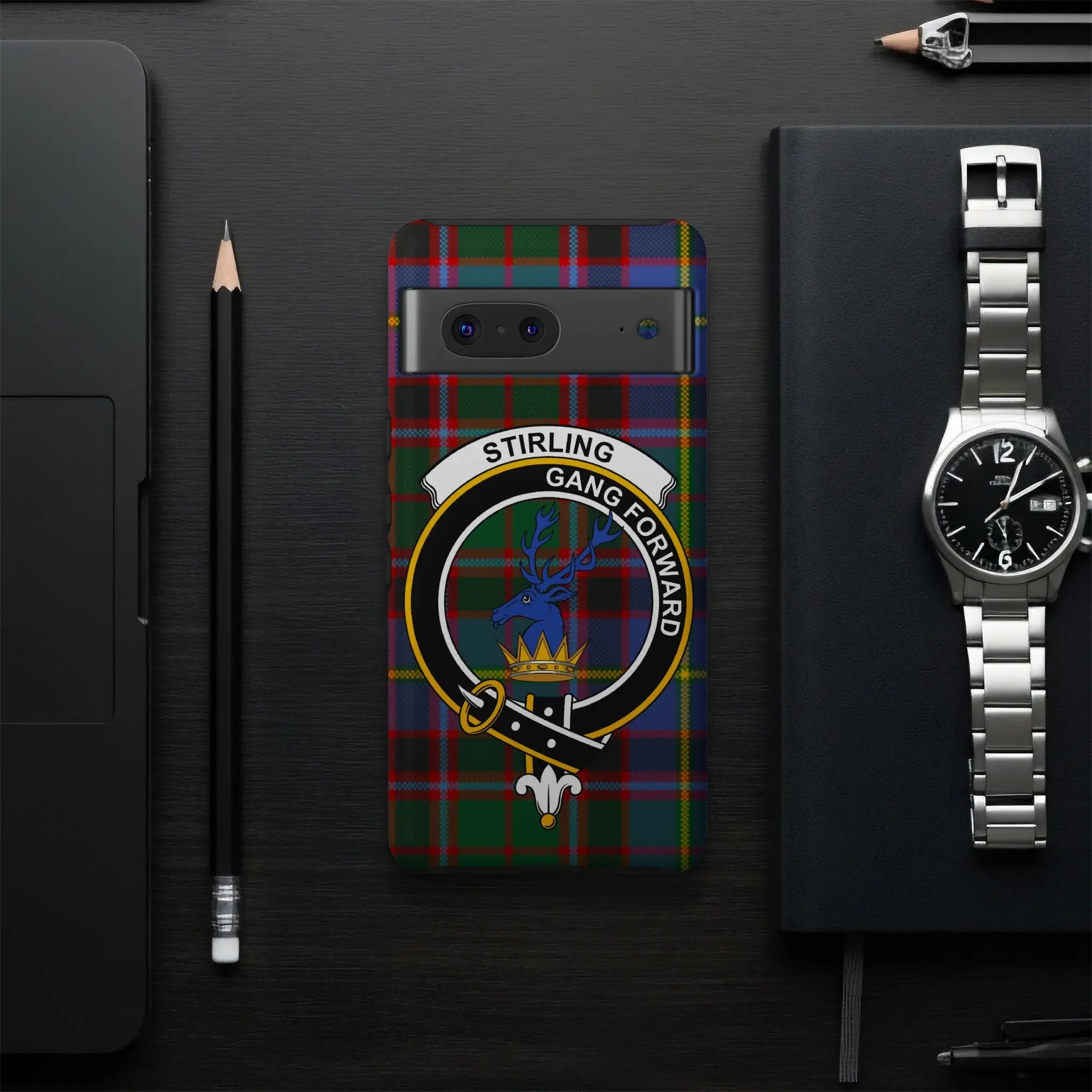 Clan Stirling gang forward phone case with stag crest design — glossy surface