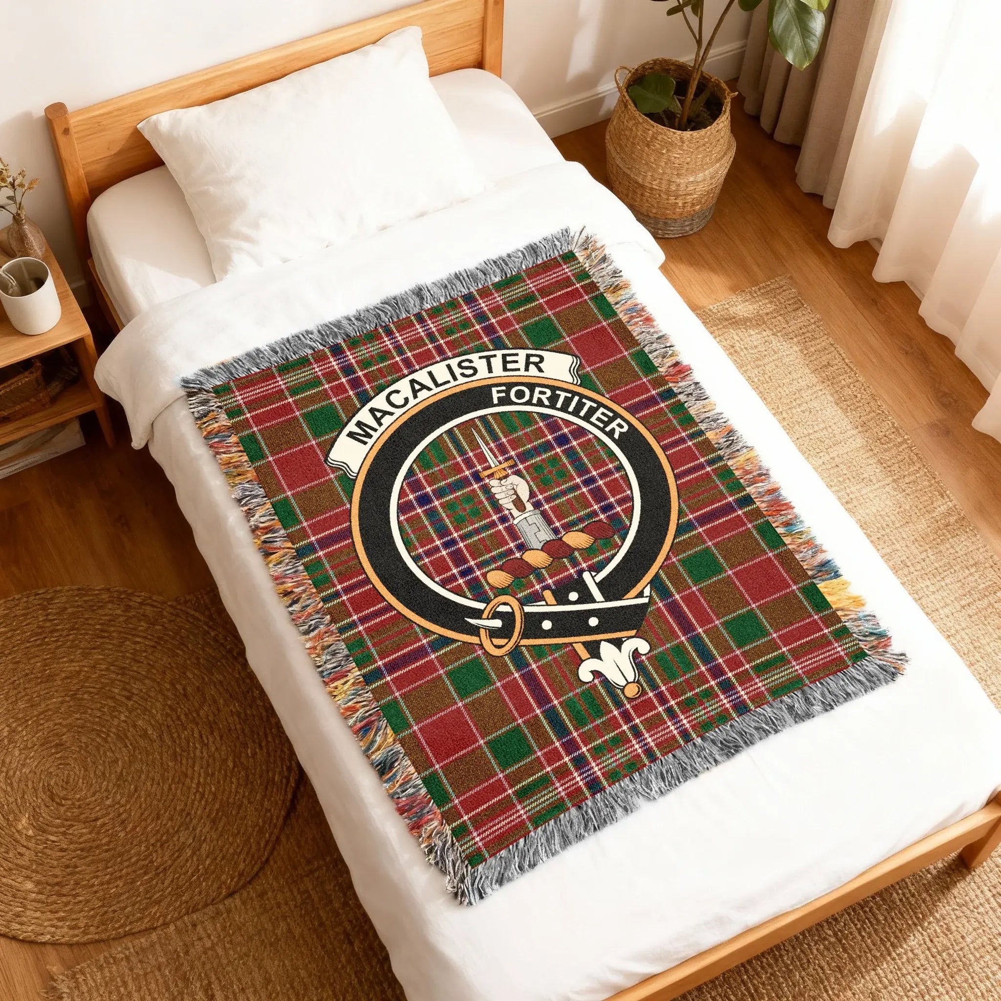 MacAlister Fortiter Scottish tartan woven blanket textile — hand and dagger crest in cotton weave