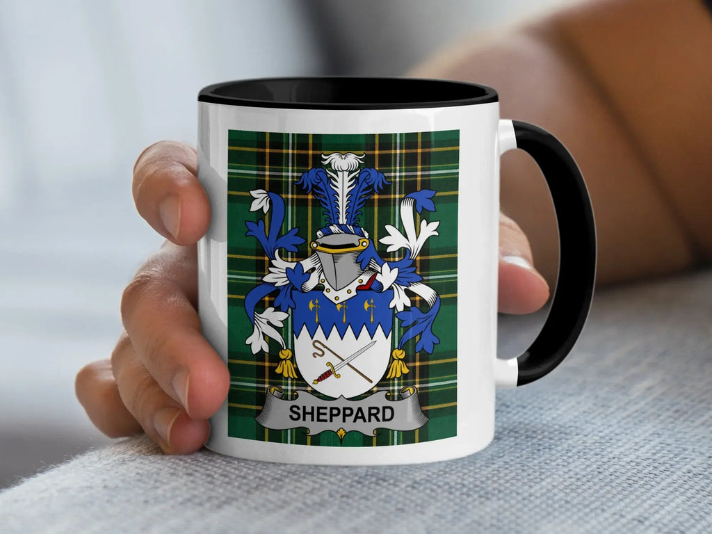 Sheppard Irish family crest black accent mug on Irish National Tartan