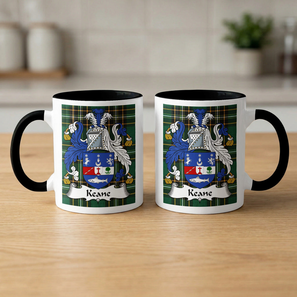Keane Irish surname mugs front and back — family crest on green tartan, black handles